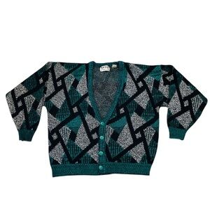 Vintage MTO International Geometric Pattern Cardigan V-Neck Unisex Size 1XL